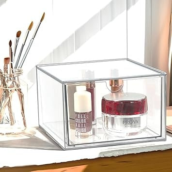 Clear Drawer, Arclic Box, Makeup Organizer Container, 6,5" Storage Drawer for Bathroom Dresser Vainty, Tissue Dryer Sheet Holder Disposable Face Towels Organizer, Light Gray