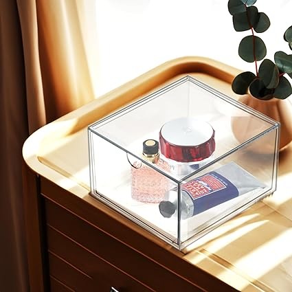 Clear Drawer, Arclic Box, Makeup Organizer Container, 6,5" Storage Drawer for Bathroom Dresser Vainty, Tissue Dryer Sheet Holder Disposable Face Towels Organizer, Light Gray