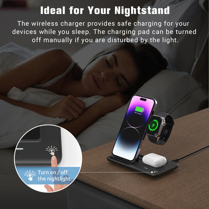 Produtos Vencedores Fast Charging 3-in-1 Cub for Phone Watch Earphones with Magnetic Holder 15W Foldable Wireless Charger Stand