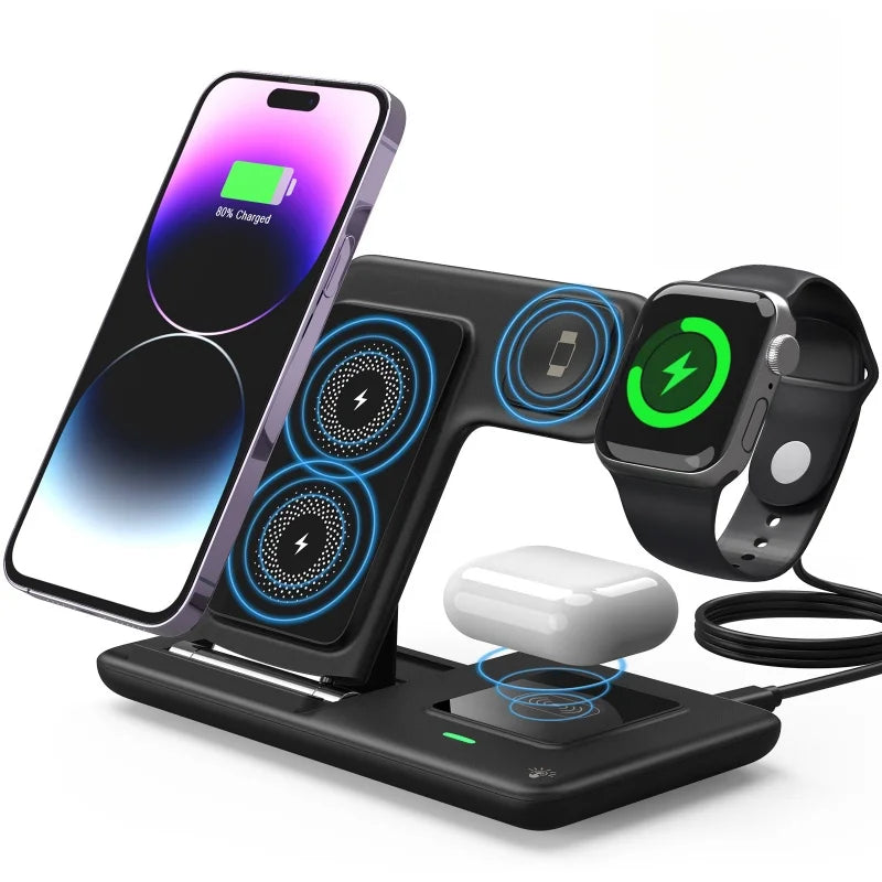 Produtos Vencedores Fast Charging 3-in-1 Cub for Phone Watch Earphones with Magnetic Holder 15W Foldable Wireless Charger Stand