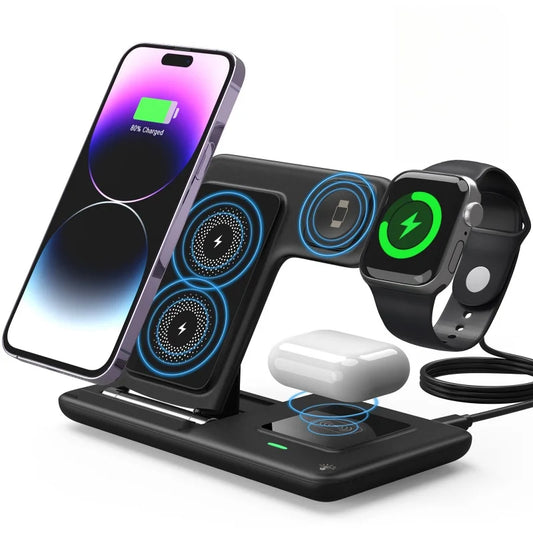 Produtos Vencedores Fast Charging 3-in-1 Cub for Phone Watch Earphones with Magnetic Holder 15W Foldable Wireless Charger Stand