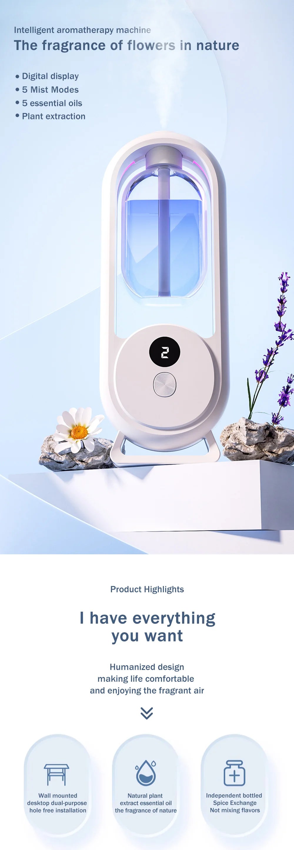 Rechargeable portable aroma diffuser Essential Oil Aromatherapy machine Timed air freshener to remove odors 5 modes timed spray