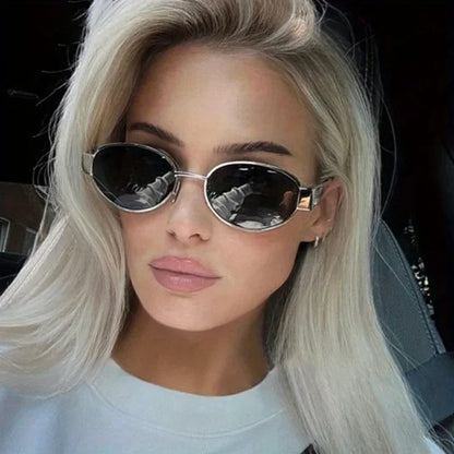 Oval sunglasses for women men trendy metal frame sun glasses classic shades