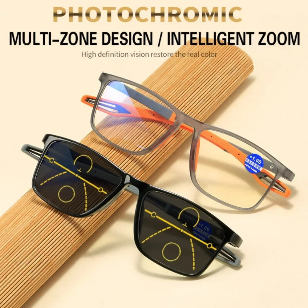 Men Multifocal Photochromic Reading Glasses Look Far and Near Eyeglasses Unisex Sport TR90 Frame Anti Blue Light Grade Eyewear