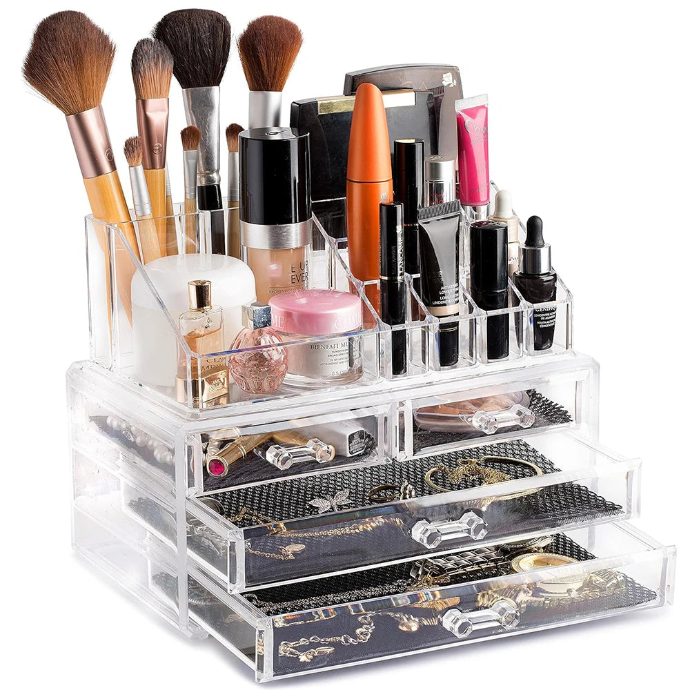 Clear Makeup Organizer16 Compartment Cosmetic and Jewelry Holder, 4-Drawer Vanity Storage