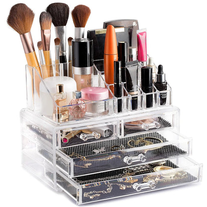 Clear Makeup Organizer16 Compartment Cosmetic and Jewelry Holder, 4-Drawer Vanity Storage
