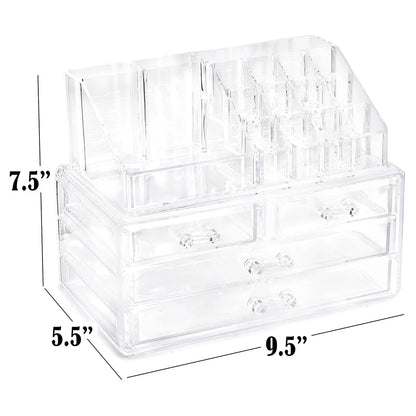 Clear Makeup Organizer16 Compartment Cosmetic and Jewelry Holder, 4-Drawer Vanity Storage