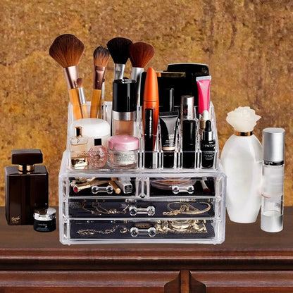 Clear Makeup Organizer16 Compartment Cosmetic and Jewelry Holder, 4-Drawer Vanity Storage