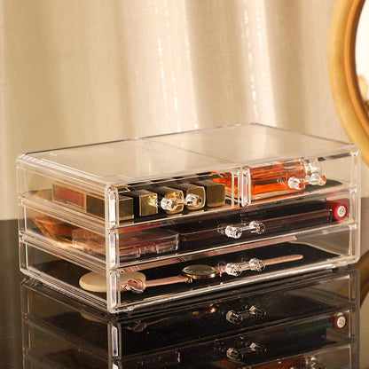 Clear Makeup Organizer16 Compartment Cosmetic and Jewelry Holder, 4-Drawer Vanity Storage