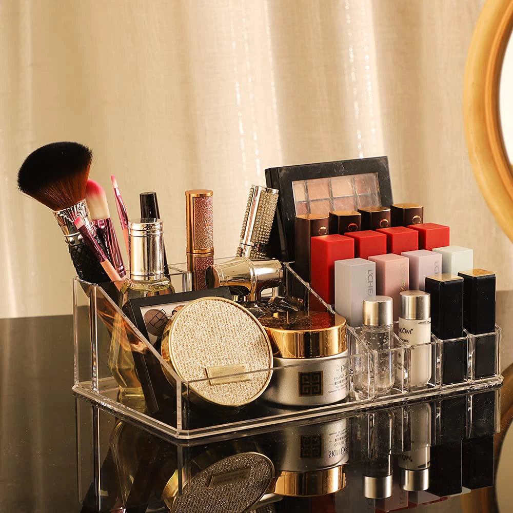 Clear Makeup Organizer16 Compartment Cosmetic and Jewelry Holder, 4-Drawer Vanity Storage
