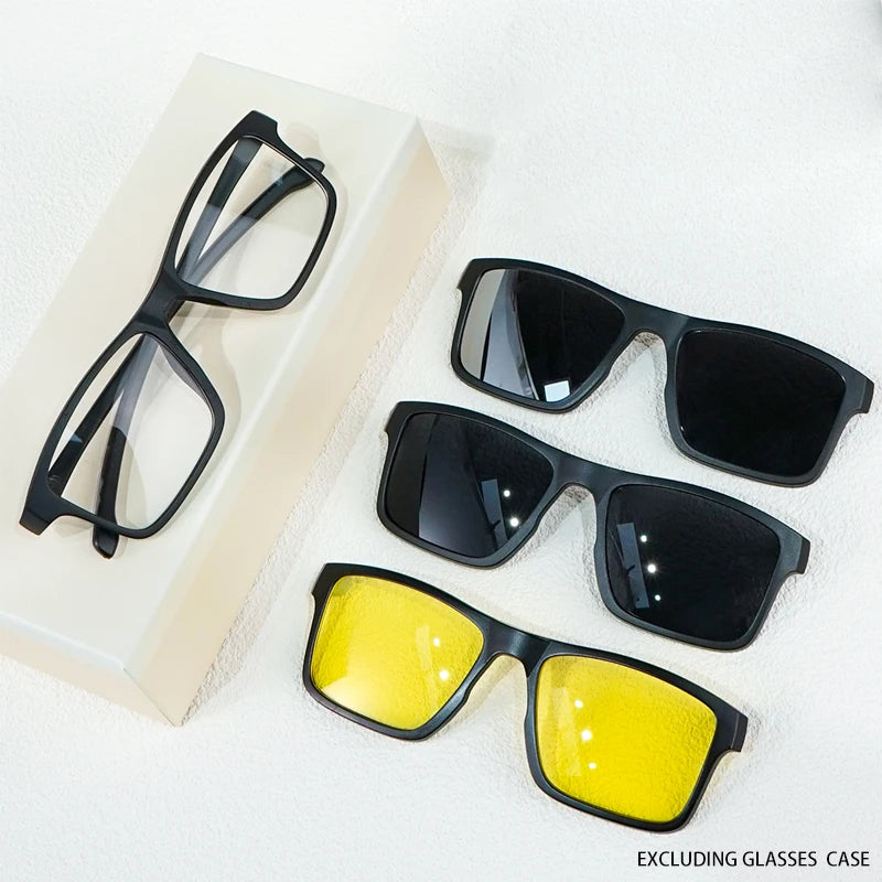 A New Set of Magnetic Clip-On Design Fashion Sunglasses, 1 Frame, and 3 Interchangeable Lenses, Unisex New Square Glasses Set