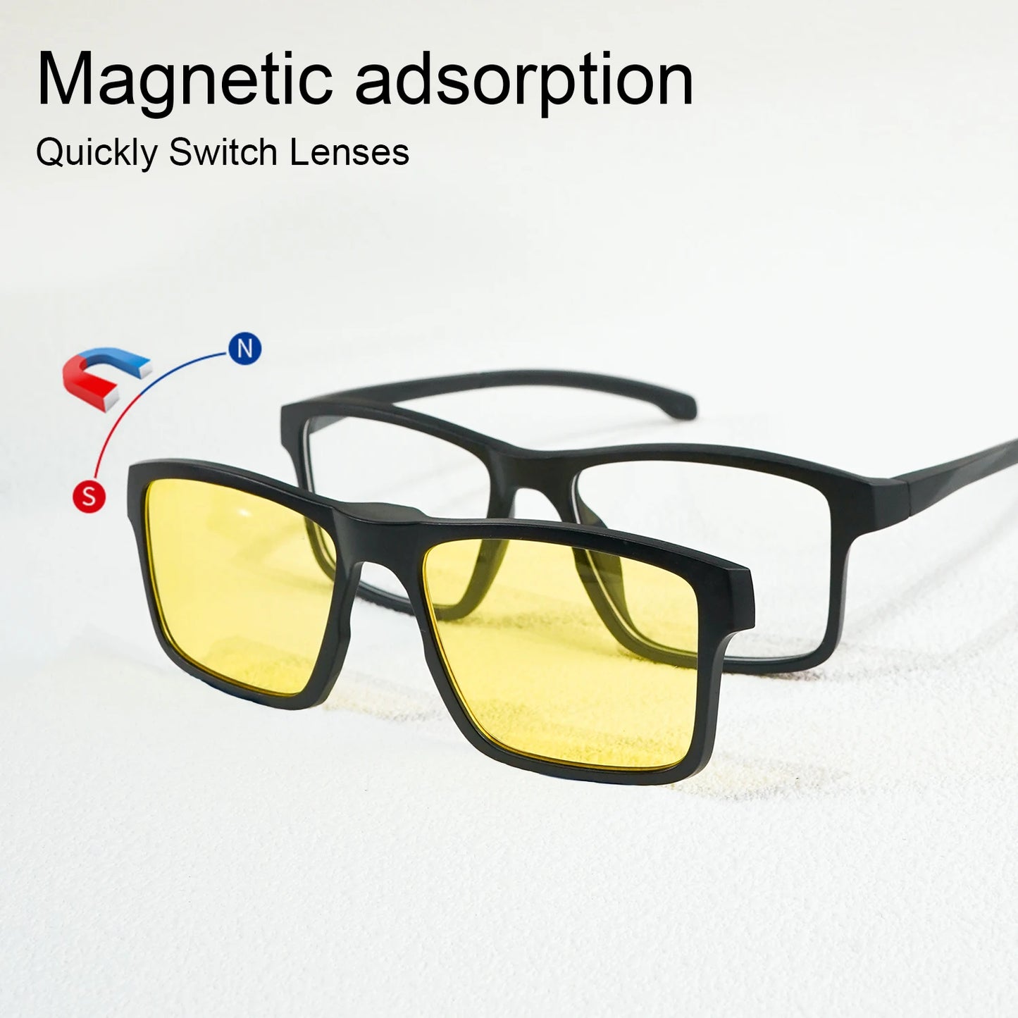 A New Set of Magnetic Clip-On Design Fashion Sunglasses, 1 Frame, and 3 Interchangeable Lenses, Unisex New Square Glasses Set