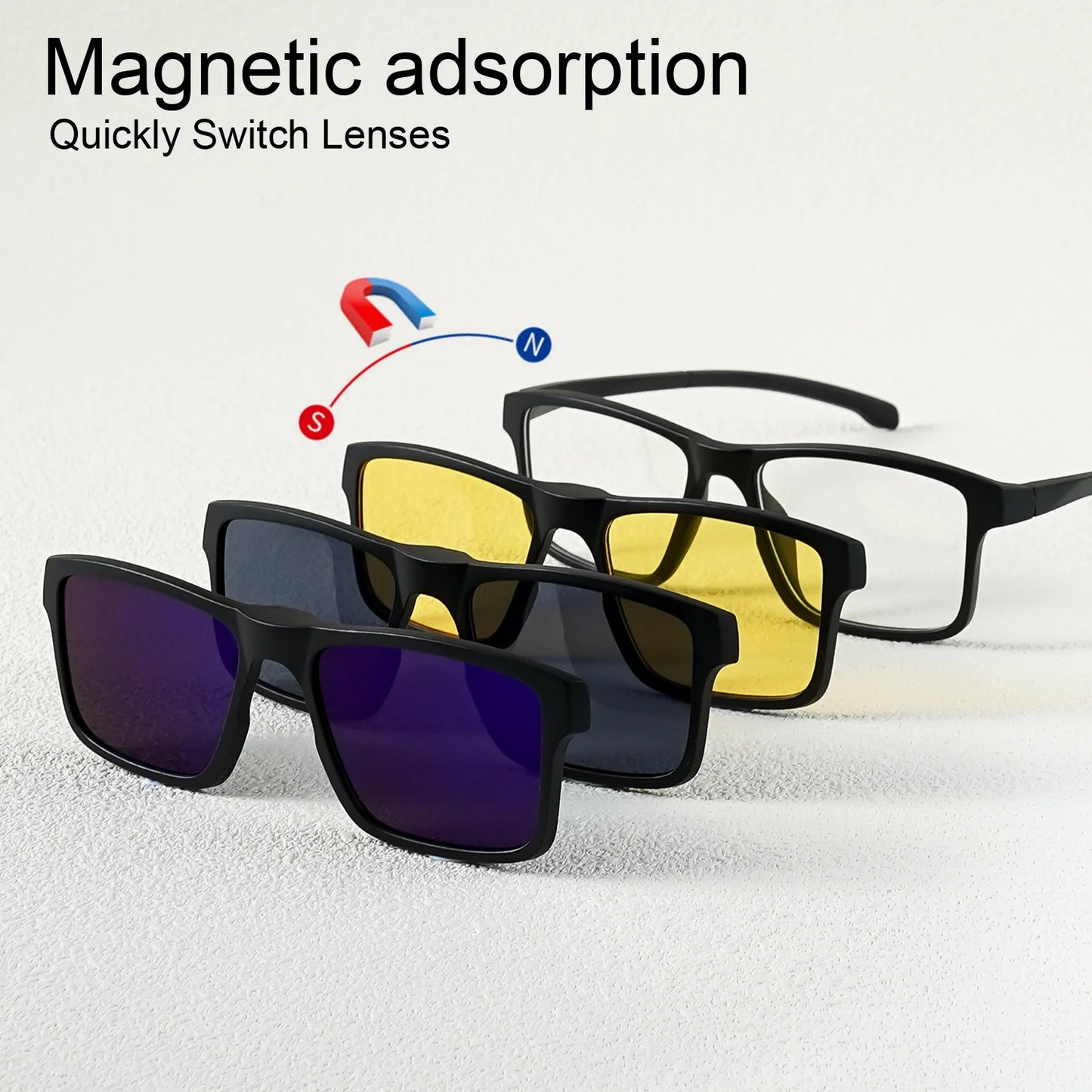 A New Set of Magnetic Clip-On Design Fashion Sunglasses, 1 Frame, and 3 Interchangeable Lenses, Unisex New Square Glasses Set