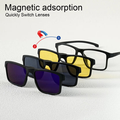 A New Set of Magnetic Clip-On Design Fashion Sunglasses, 1 Frame, and 3 Interchangeable Lenses, Unisex New Square Glasses Set