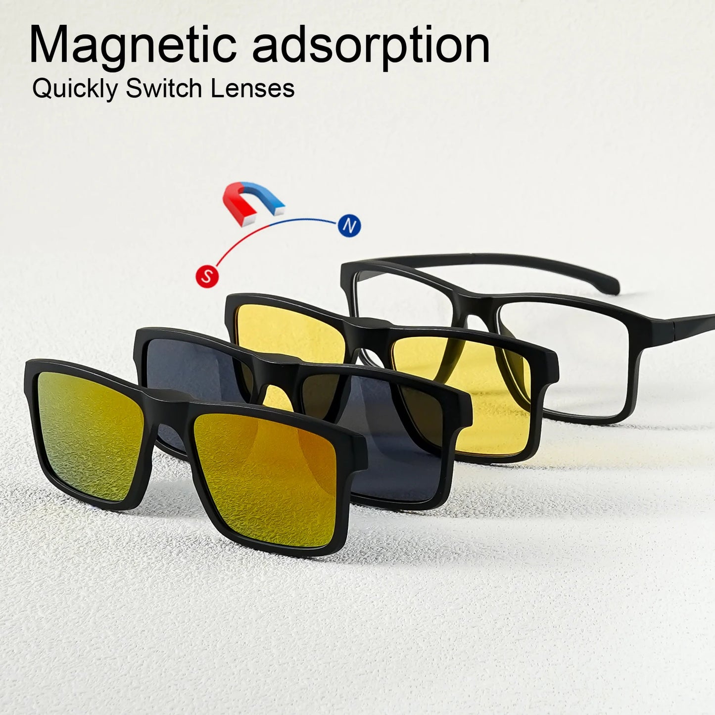 A New Set of Magnetic Clip-On Design Fashion Sunglasses, 1 Frame, and 3 Interchangeable Lenses, Unisex New Square Glasses Set