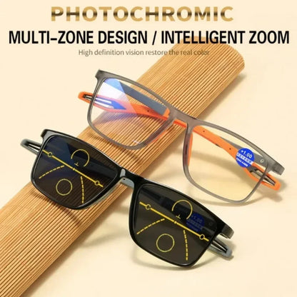 Men Multifocal Photochromic Reading Glasses Look Far and Near Eyeglasses Unisex Sport TR90 Frame Anti Blue Light Grade Eyewear