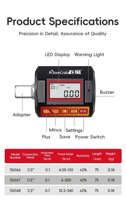 MoveCrab Digital Torque Adapter 1/2"Drive Include Adapters for 3/8" and 1/4" Electronic Torque Wrench Bike Set Car Repair Bike