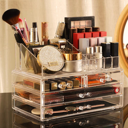 Clear Makeup Organizer16 Compartment Cosmetic and Jewelry Holder, 4-Drawer Vanity Storage