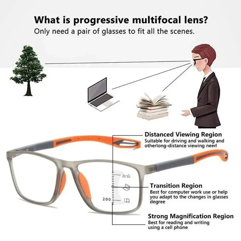 Men Multifocal Photochromic Reading Glasses Look Far and Near Eyeglasses Unisex Sport TR90 Frame Anti Blue Light Grade Eyewear