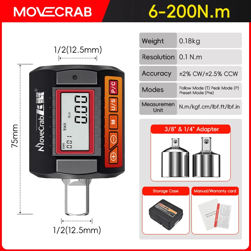 MoveCrab Digital Torque Adapter 1/2"Drive Include Adapters for 3/8" and 1/4" Electronic Torque Wrench Bike Set Car Repair Bike