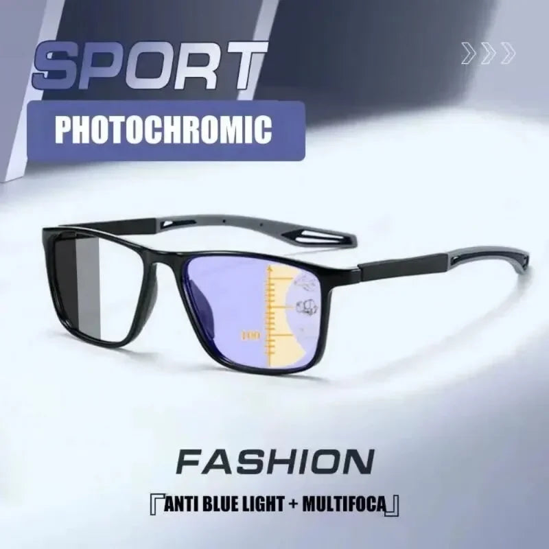 Men Multifocal Photochromic Reading Glasses Look Far and Near Eyeglasses Unisex Sport TR90 Frame Anti Blue Light Grade Eyewear